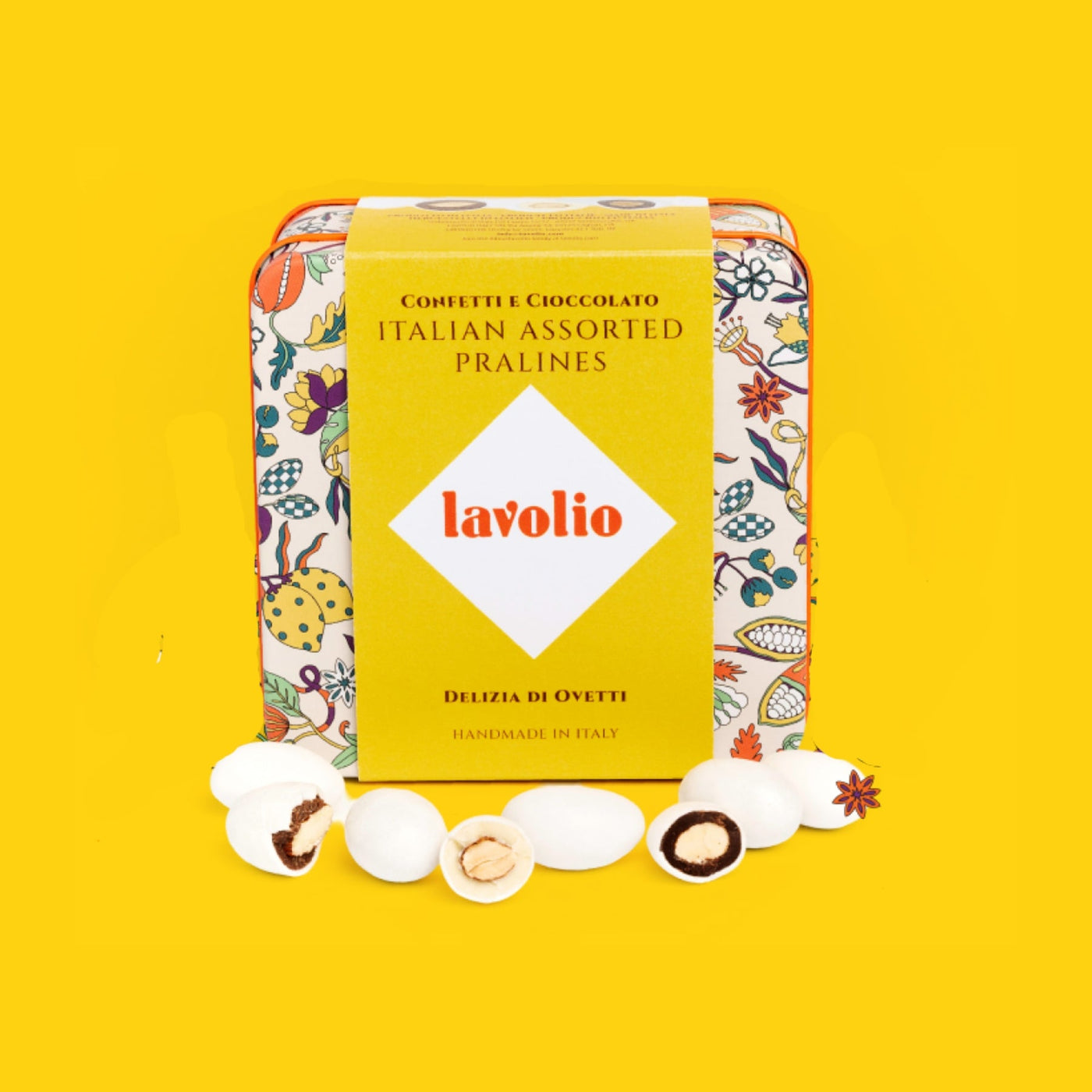 Lavolio Italian assorted pralines tin with pralines on a yellow background
