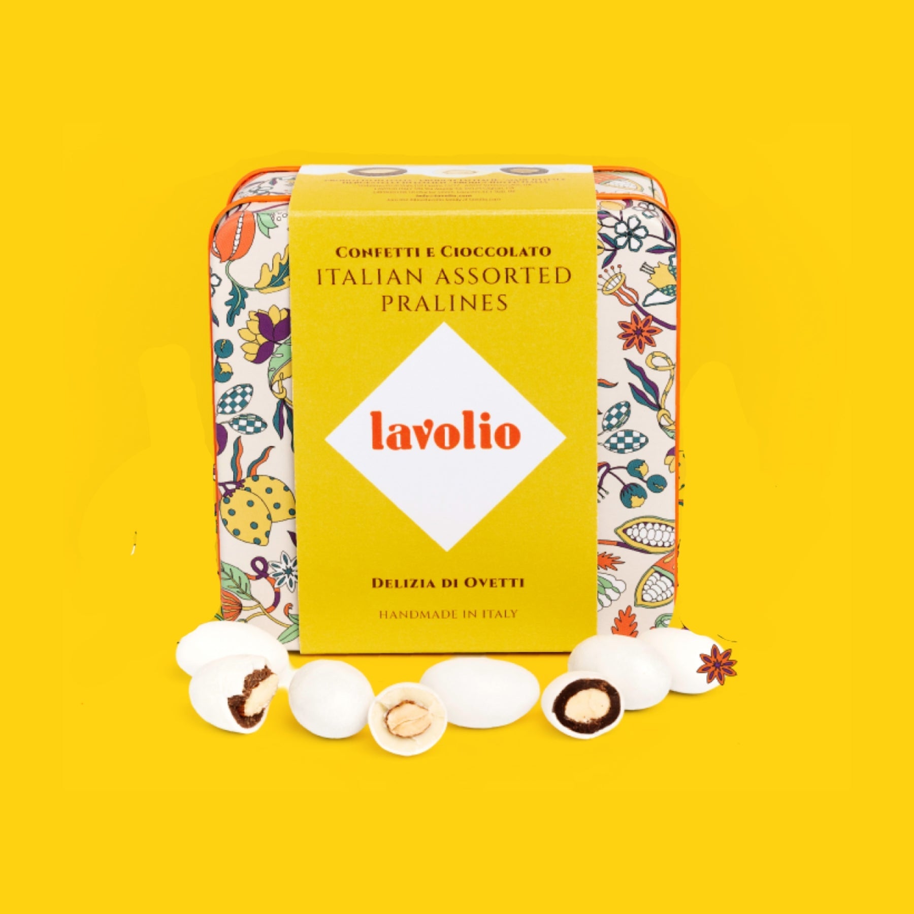 Lavolio Italian assorted pralines tin with pralines on a yellow background