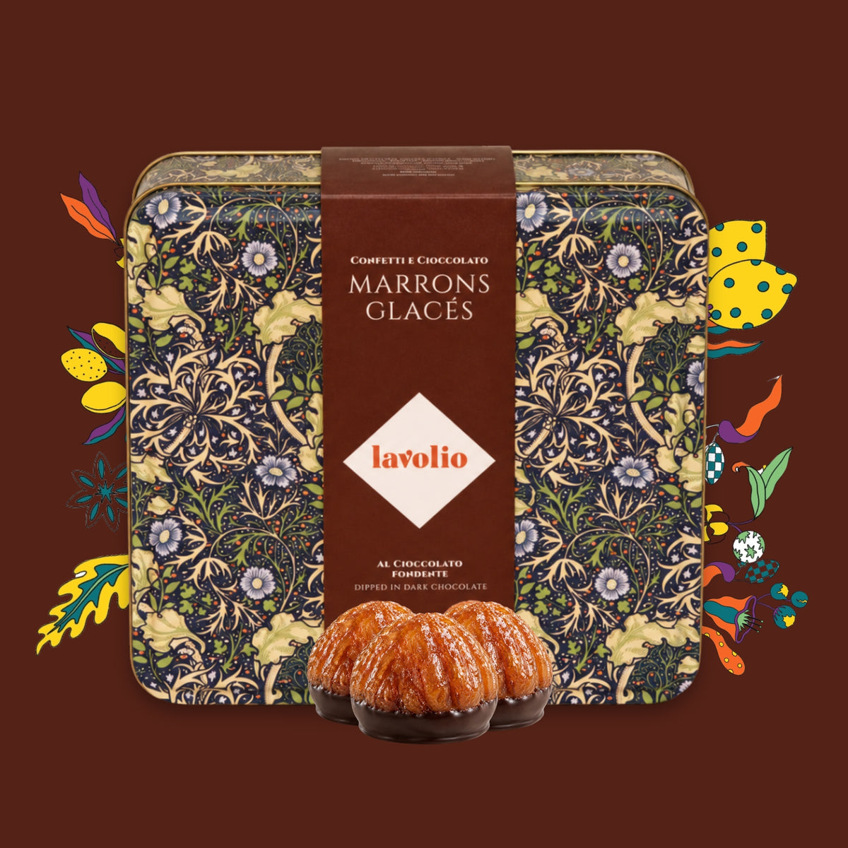 A decorative metal tin of Lavolio marrons glacés, featuring a floral patterned William Morris edition tin with a brown paper label